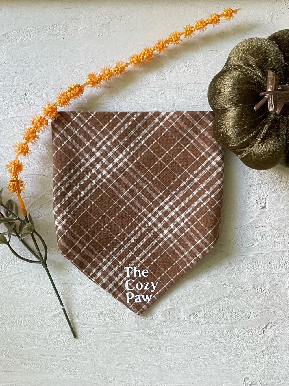 Hand Crafted Brown Plaid Dog Bandana with Cream Bone Toy